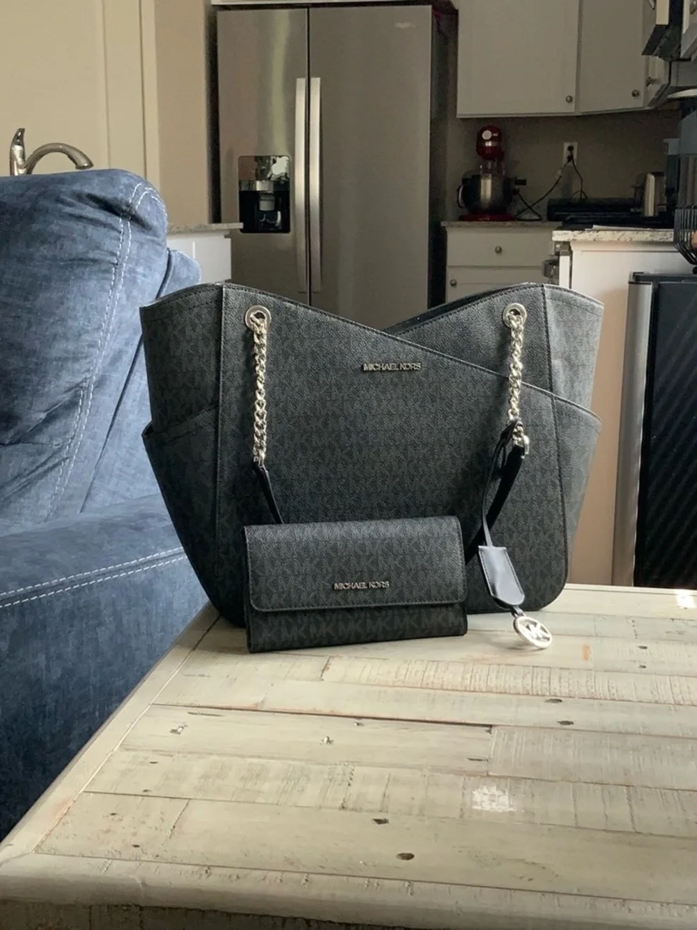 Michael Kors Gray Logo Chain-Handle Tote with Matching Wallet